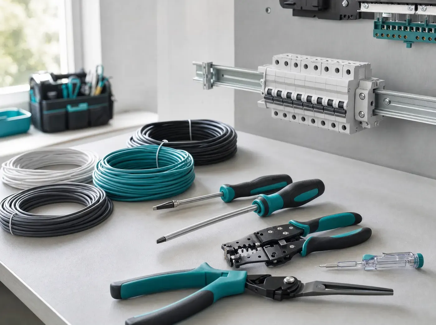 Werkbank mit Elektrowerkzeug, Leitungen und Leitungsschutzschaltern (KI-generiertes Symbolbild)
